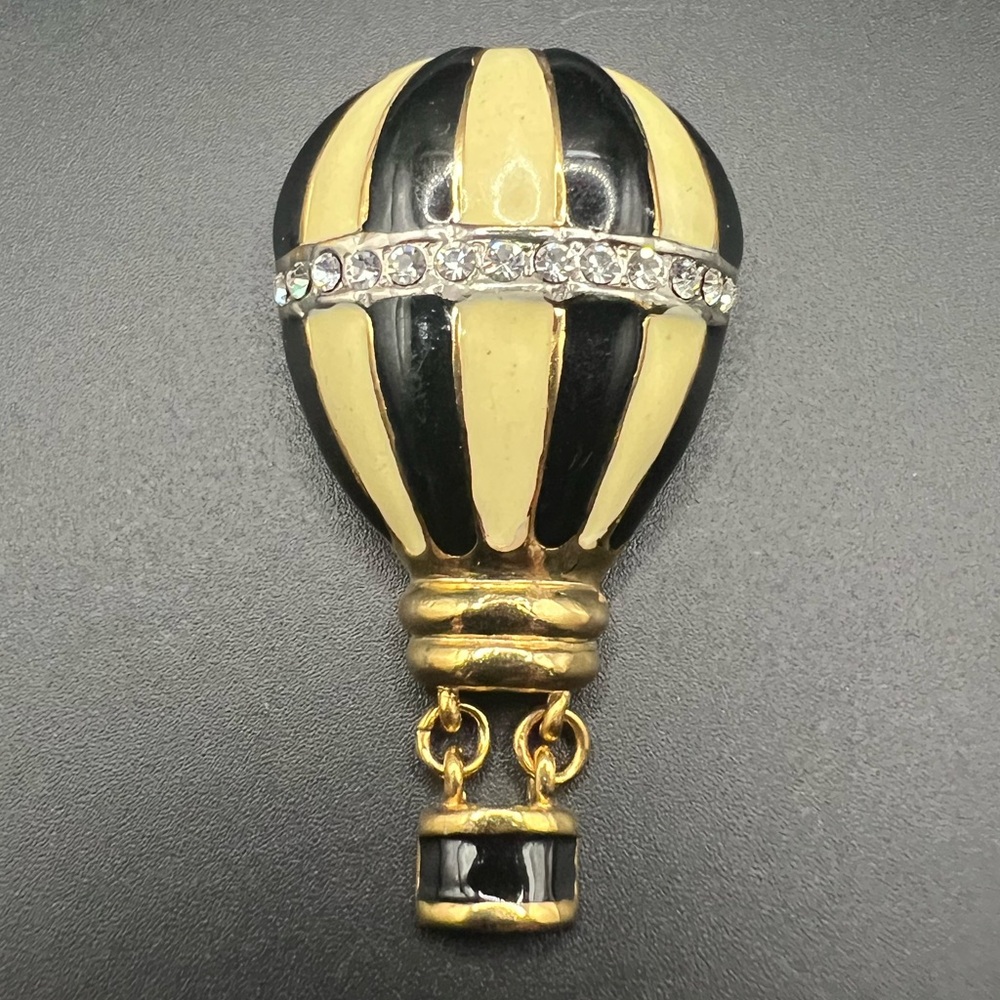Vintage Hot Air Balloon Brooch Enamel Black & Cream, Gold Tone and Rhinestone